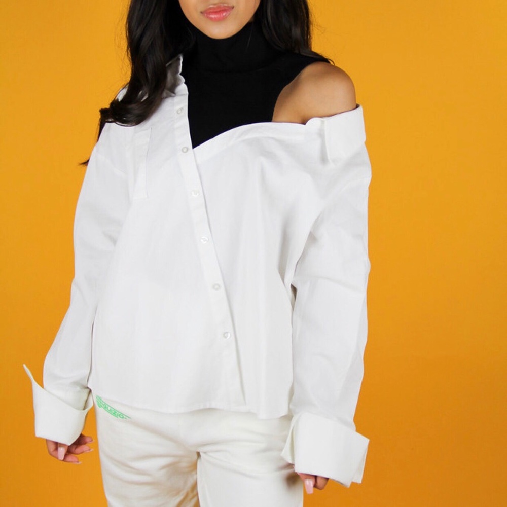 Mixed Media Turtleneck Button Down Shirt